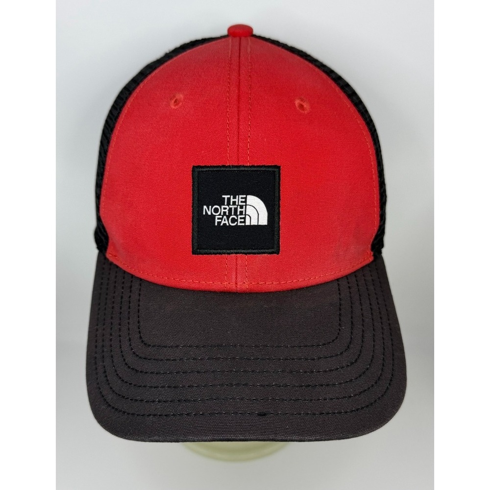 The North Face Box Logo Trucker Hat Red Black Snapback Mesh NF0A3FKX OS